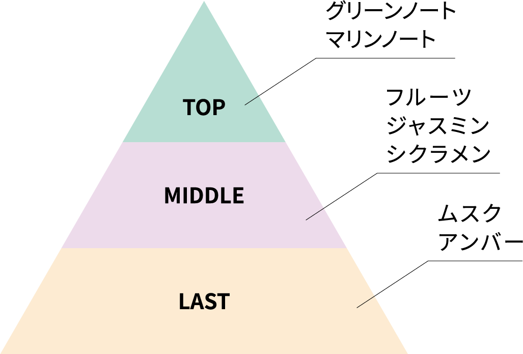 TOP:グリーンノート・マリンノート MIDDLE:フルーツ・ジャスミン・シクラメン LAST:ムスク・アンバー